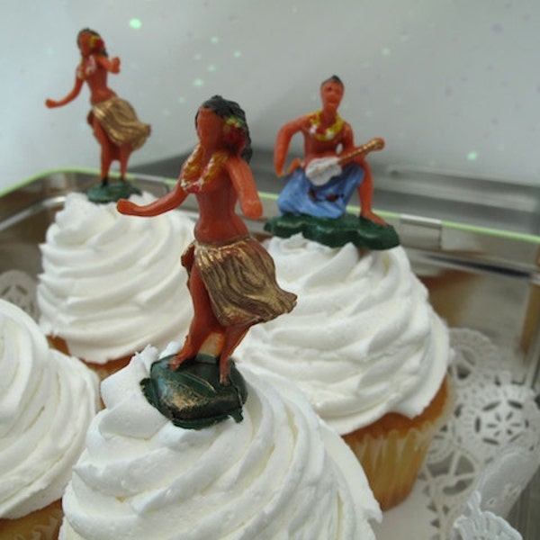 6 Vintage Cake Cupcake Toppers Hawaiian luau Figures Party