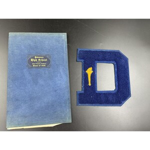 May include: A blue yearbook and a blue felt letter "D" with a yellow torch emblem. The yearbook has the text "Delavan High School" and "Class of 1929". The letter "D" is a school emblem.