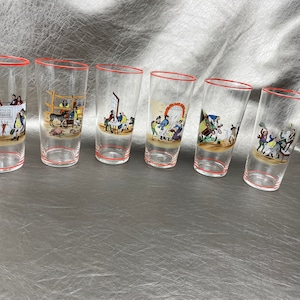Set of 6 Antique Pickwick Papers Charles Dickens Decorated Drinking Glasses Tumblers Highball