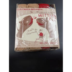 May include: A vintage Lucky Puppet Mitten Kit by Columbia-Minerva, featuring a Charlie the Chipmunk design. The packaging includes yarn in shades of brown, red, and brown. The kit is for "Boys" size 3 and 6-10.