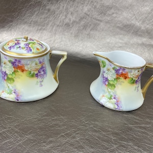 Vintage Imperial Psl La France Austria Hand Painted Creamer & Lidded Sugar Bowl