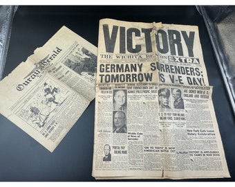 2 Antique Original Newspapers V-E Day May 7, 1945 Wichita 1922 Ouray Colorado
