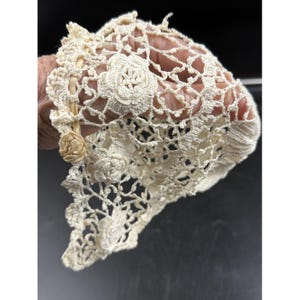 Vintage Hand-Crocheted Ivory Baby Bonnet With Floral Motif