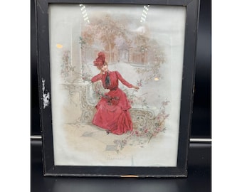 Framed Antique Halftone Print Woman in Red "Harvard" 14.5" X 12"