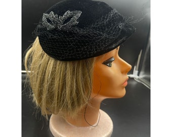 Antique Womens Black Velour Hat Beaded Janyth Roy
