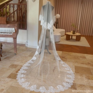 Embroidery Flower Wedding Veil With Blusher,Ivory Cathedral Veil With Sequins Lace,Lace Veil,Tulle Bridal Veil,White/Champagne/Beige Veils