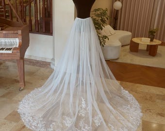 Sequin Lace Wedding Overskirt: Detachable Bridal Train, Chapel or Cathedral Length