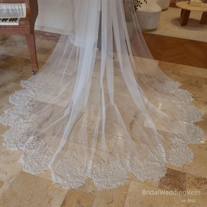 May include: A white bridal veil with a beaded lace trim. The veil is long and flowing, and the lace trim is delicate and intricate.