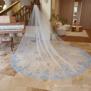 Blue Scattered Floral Wedding Veil Cathedral,Blue Flowers Lace Veil,Soft Tulle Veils,Bridal Veil,Handmade Customized Veil All Colors & Size