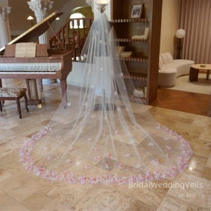 3D Pink Flower Wedding Veil: Fairy Tulle Bridal Veil, Champagne or Ivory