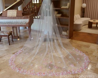 3D Brautschleier Pinke Blume: Feenhafter Brautschleier Chiffon, Champagner oder Ivory