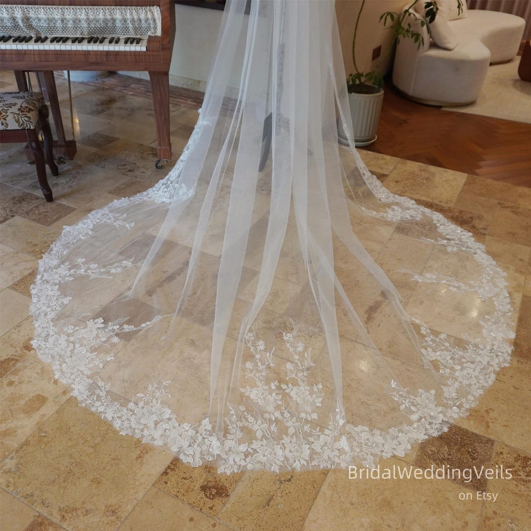 1 Layer Black Applique Wedding Veil Lace Cathedral Length Bridal Veil