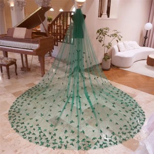 Green Wedding Veil With Butterfly,Hand Sew Butterfly on Veil,Bridal Veil Customized All Color,Chapel/Cathedral Long Veil