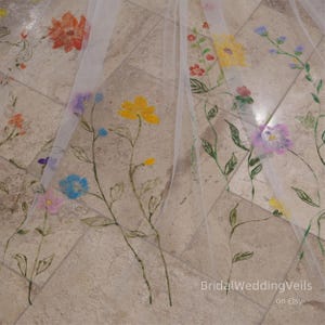 Hand Painting Wildflowers Wedding Veil,Custom Unique Veil For You,Colorful Flowers Pattern Veils Cathedral/Royal,Bridal Veils