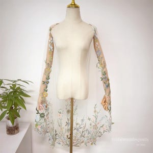 Floral Embroidery Wedding Cape Veil: Tulle Fairy Bridal Veil
