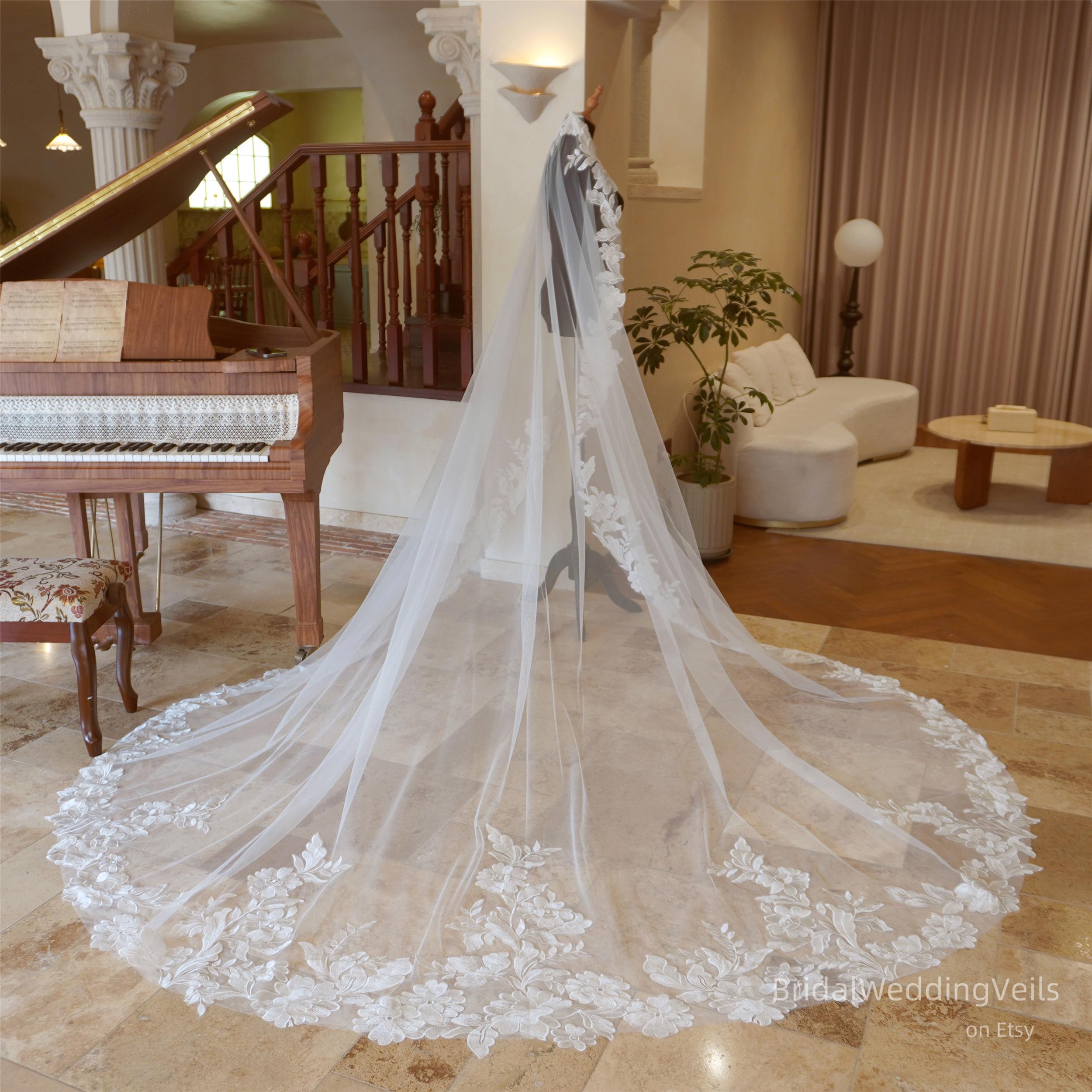 3M Cathedral Length White Bridal Veil with Lace Edge Cathedral Length Bridal Veil With Comb One Layer... From  main image 2