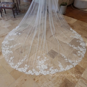 Cathedral Embroidery Floral Wedding Veil,Delicate Sequins Flowers Lace Bridal Veil,Soft Ivory/White/Champagne Tulle Veils,Customized Veil