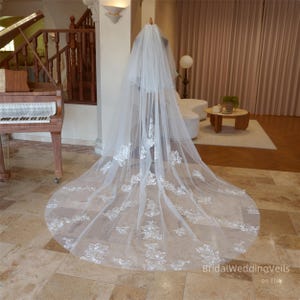 Scattered Lace Cathedral Wedding Veil: Ivory Tulle Bridal Veil with Blusher