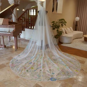 Hand-Painted Wildflower Wedding Veil: Cathedral Length Bridal Veil