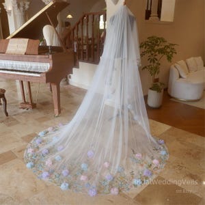 Floral Cathedral Wedding Veil: 3D Wildflowers, Tulle Bridal Veil