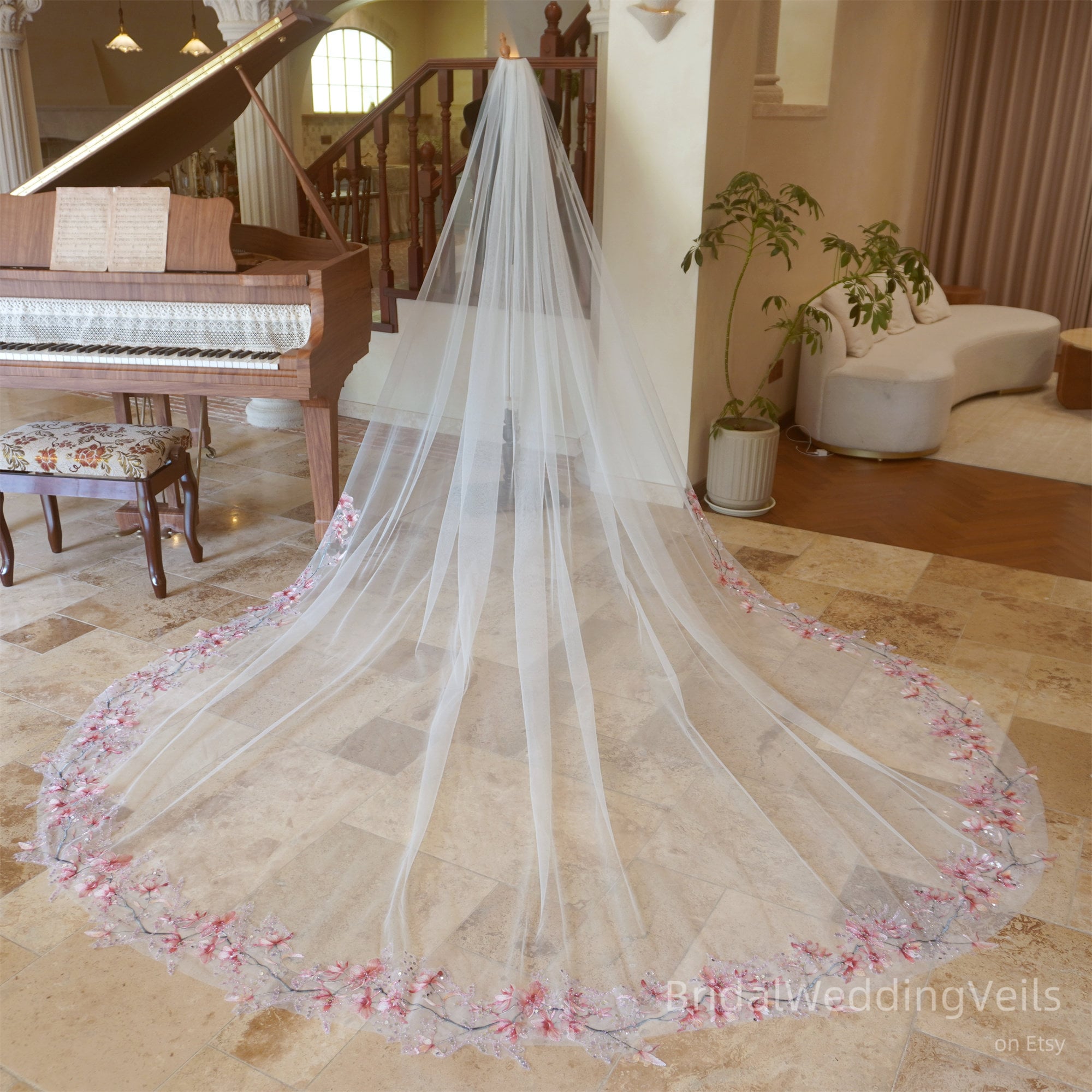 Sequins Pink Embroidery Wedding Veil,Floral Lace Veil,Fairy Bridal…