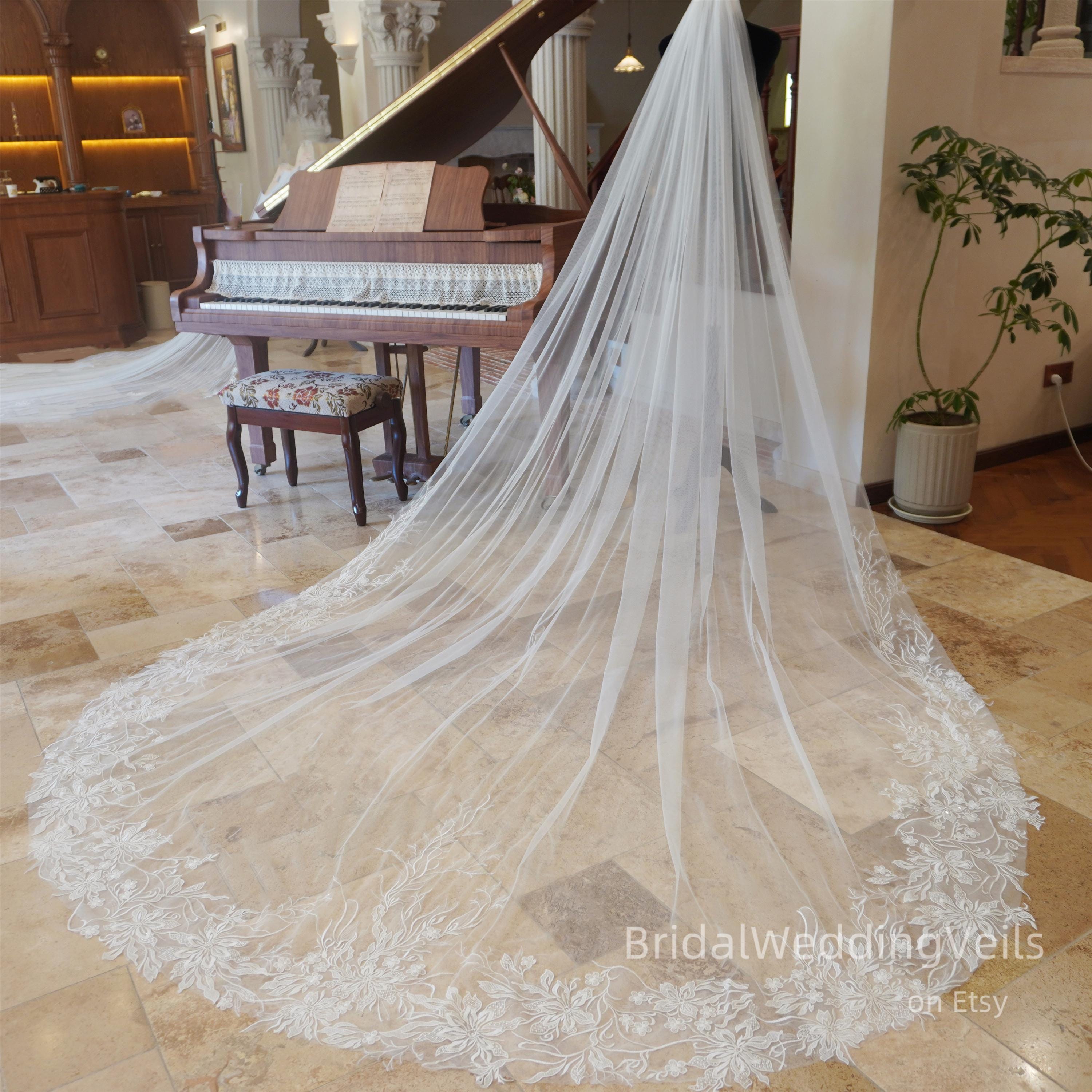 Floral Ivory Lace Embroidered Cathedral Bridal Veil Sheer & Romantic 35 Inches L Cathedral Veil with Floral French Lace Trim, White/ Ivory  main image 3