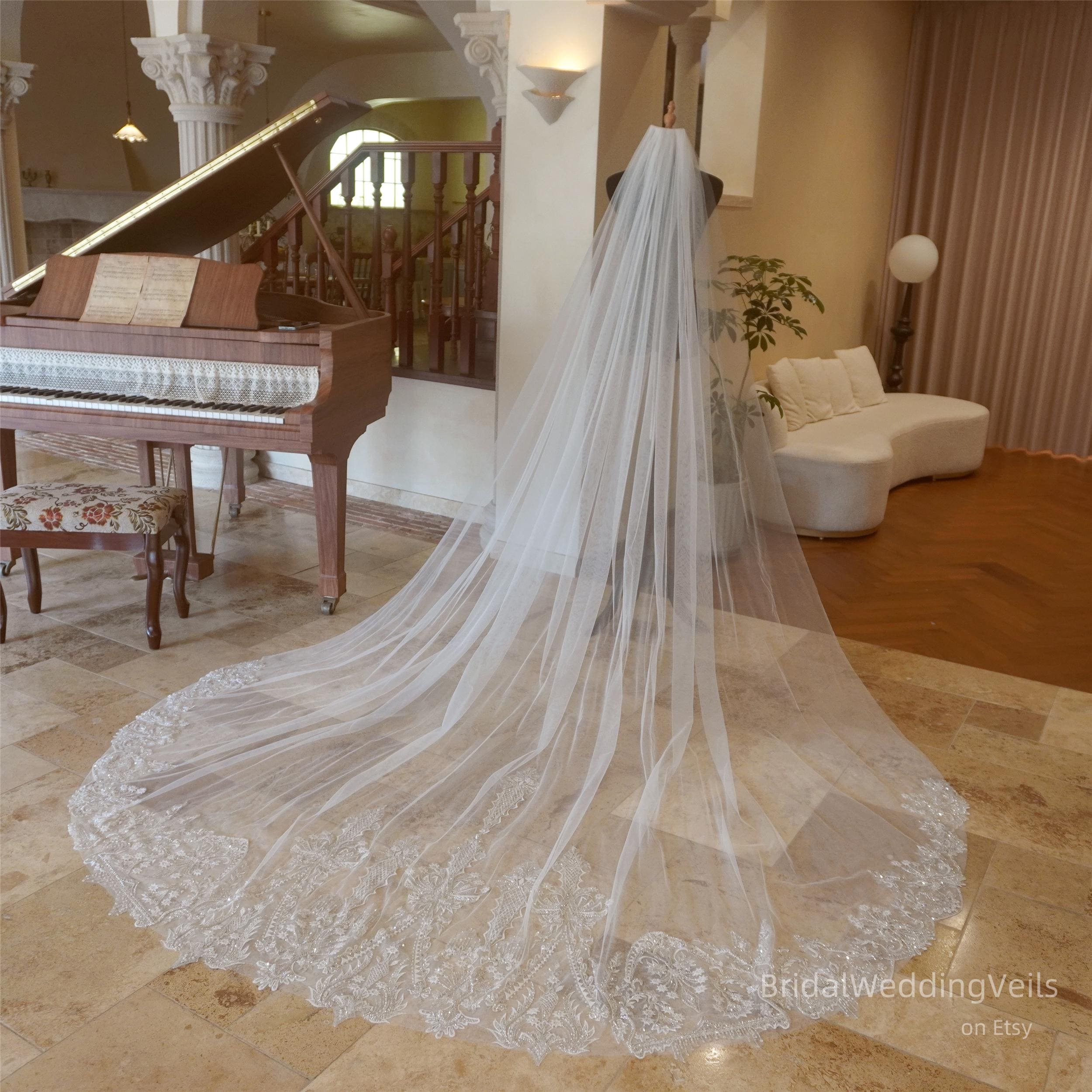 Over 6 ft exquisite white and silver beaded bridal lace perfect for wedding veil Veil Cathedral Wedding Veil Lace Cathedral Bridal Veil  main image 2