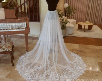 Ivory Lace Wedding Train Overskirt: Detachable Chapel Cathedral Bridal Overlay