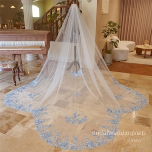 3-rounds Blue Scattered Floral Wedding Veil Royal Length,Blue Flowers Lace Veil,Soft Tulle Veils,Bridal Veil,Handmade Custom Veil All Colors