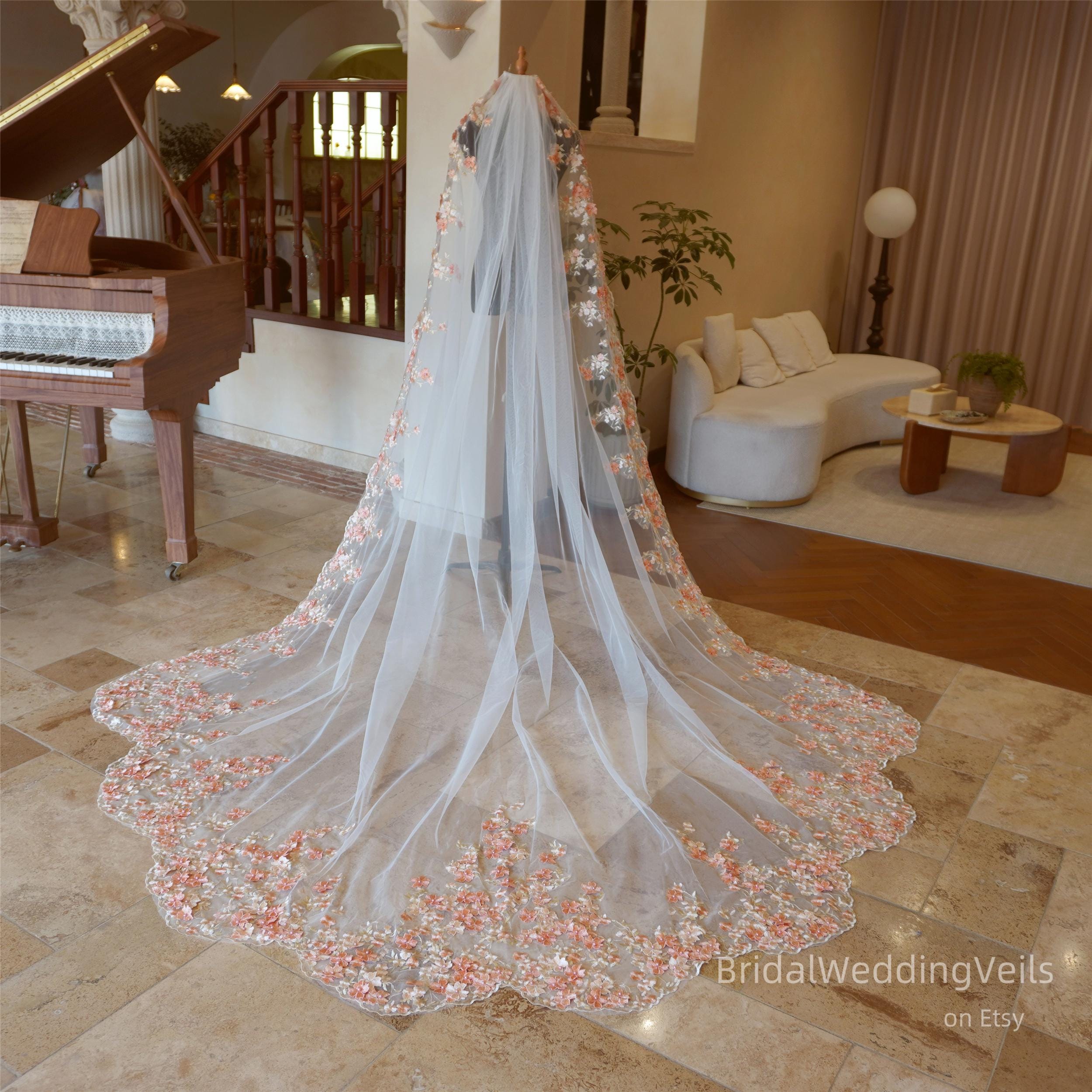 Pink Bridal Veil with Coral Heart Detail Cathedral Wedding Veil Cathedral Bridal Veil ETTA | EDEN  main image 2