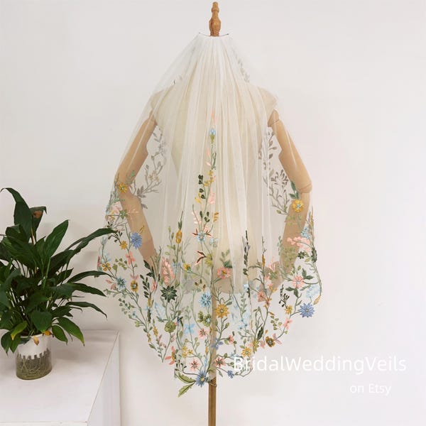 Bunte Stickerei Wildblumen Spitze Hochzeit Schleier Fingerspitzen Länge, Tüll Tüll Schleier, Fee Brautschleier, kundenspezifische einzigartige Schleier
