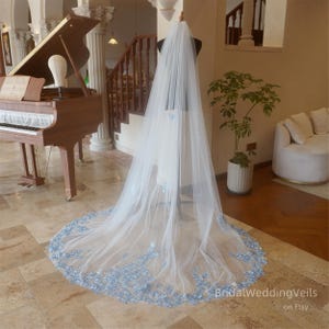 Blue Scattered Floral Wedding Veil Chapel,Blue Flowers Lace Veil,Soft Tulle Veils,Bridal Veil,Handmade Customized Veil All Colors & Size