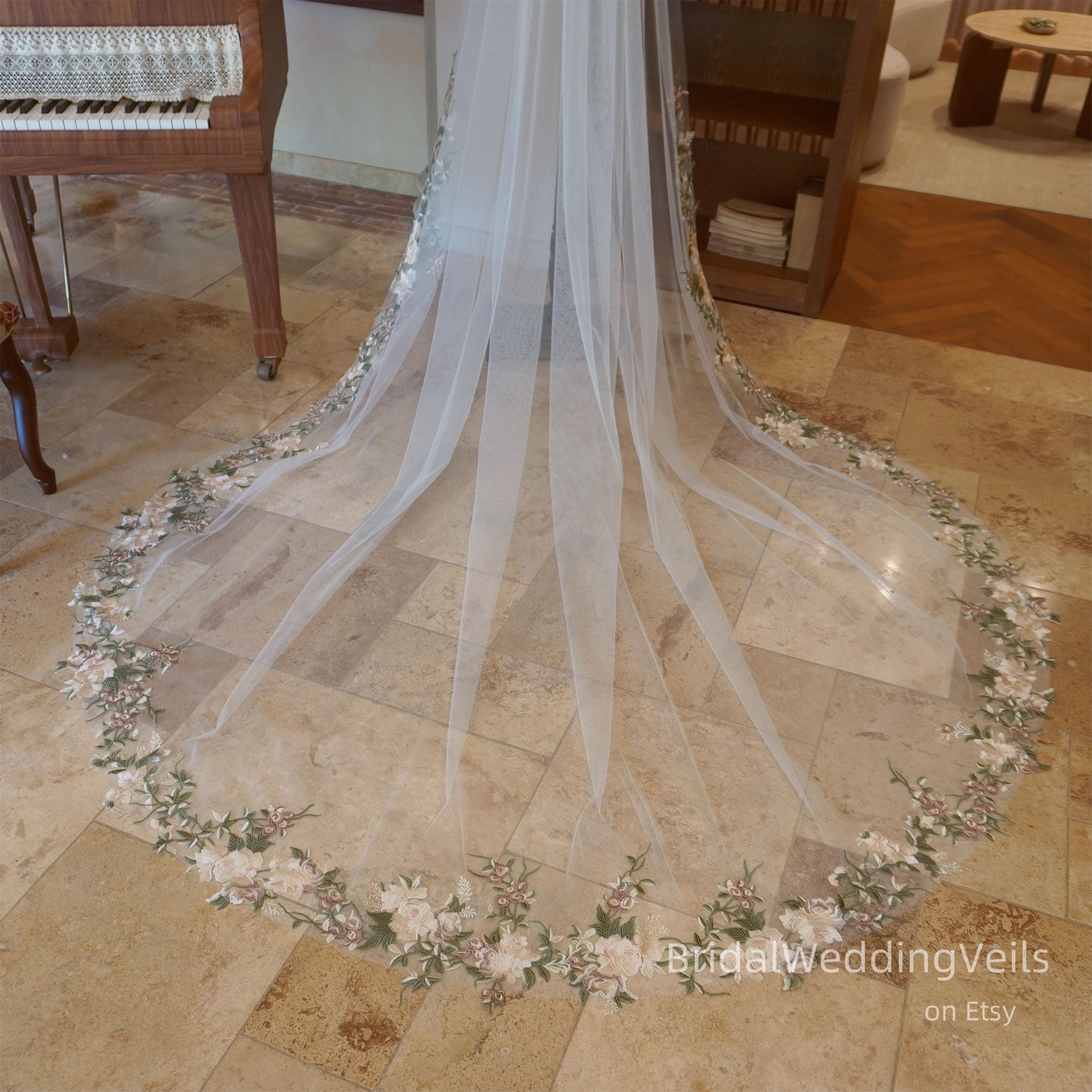 Champagne Green Embroidery Flower Lace Trim Wedding Veil  display picture 3