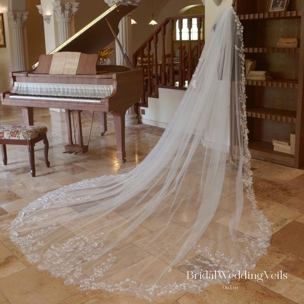 Ivory Embroidery Wildflowers Wedding Veil Cathedral Length,With Lace All Around,Fairy Bridal Veil,Customized Unique Veil