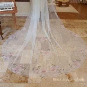 Simple Pink Flower Lace Wedding Veil Cathedral,Embroidery Veil,Fairy Bridal Veil,Customized Veil ,Unique Veils,Lawn/Beach Wedding Veils