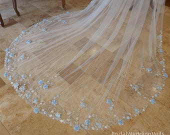 Blue Gold Lace Wedding Veil Cathedral,Embroidery 3D Floral Beaded Veil,Fairy Bridal Veil,Handmade Customized Unique Veil in All Colors Size