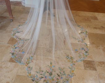 Floral Embroidery Cathedral Wedding Veil: Colorful Wildflower Lace Tulle