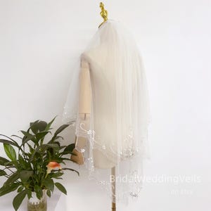 Delicate Beading Short Wedding Veil With Blusher,Two Tiers Beaded Veil,Fairy Bridal Veil,Ivory/White/Beige/Champagne Veil