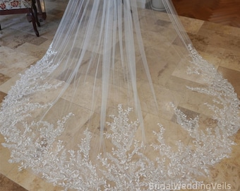 Beading Leaf Lace Wedding Veil,Cathedral Long Veils For Bride,Fairy Bridal Veil,Customized Short Veil,Sequin Shiny Veils