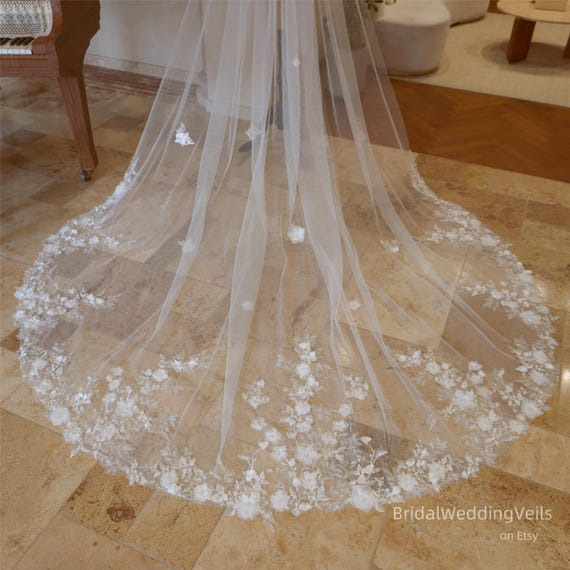 Long Sheer Bridal Veil with Floral Accent - White Train only short lace veil - All over sheer florals French  main image 2