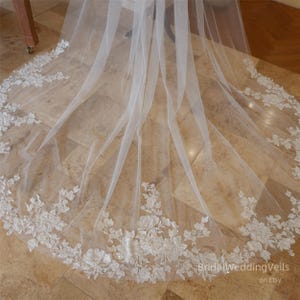 Ivory Cathedral Wedding Veil: Floral Embroidery, Sequins Lace Tulle