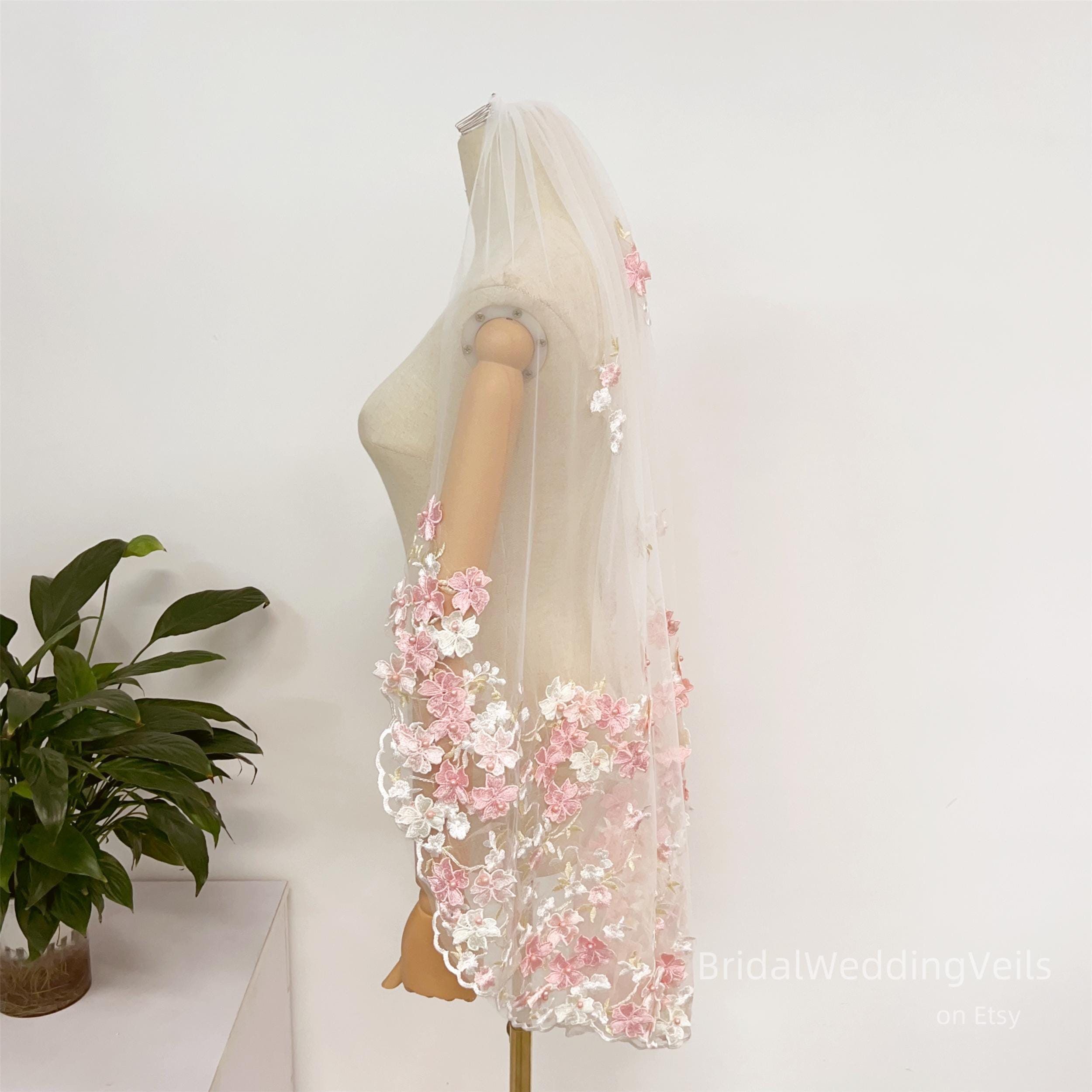Pink Floral Lace Wedding Veil: Beaded Fingertip Veil - Etsy display picture 2