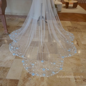 Blue Gold Flowered Lace Wedding Veil With 5 Rounds,Special Cute Edge Veil With 3D Flowers,Chapel Cathedral Bridal Veil