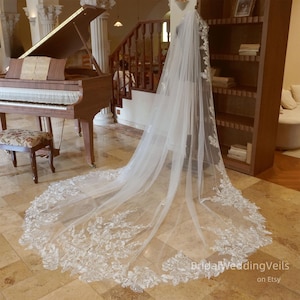 Embroidery Flower Wedding Veil With Lace All Around,Ivory Cathedral Veil With Shiny Sequins Flowers,Lace Veil,Tulle Bridal Veil