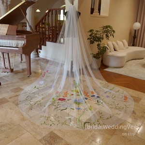 Hand-Painted Wildflower Wedding Veil: Custom Cathedral Bridal Veil