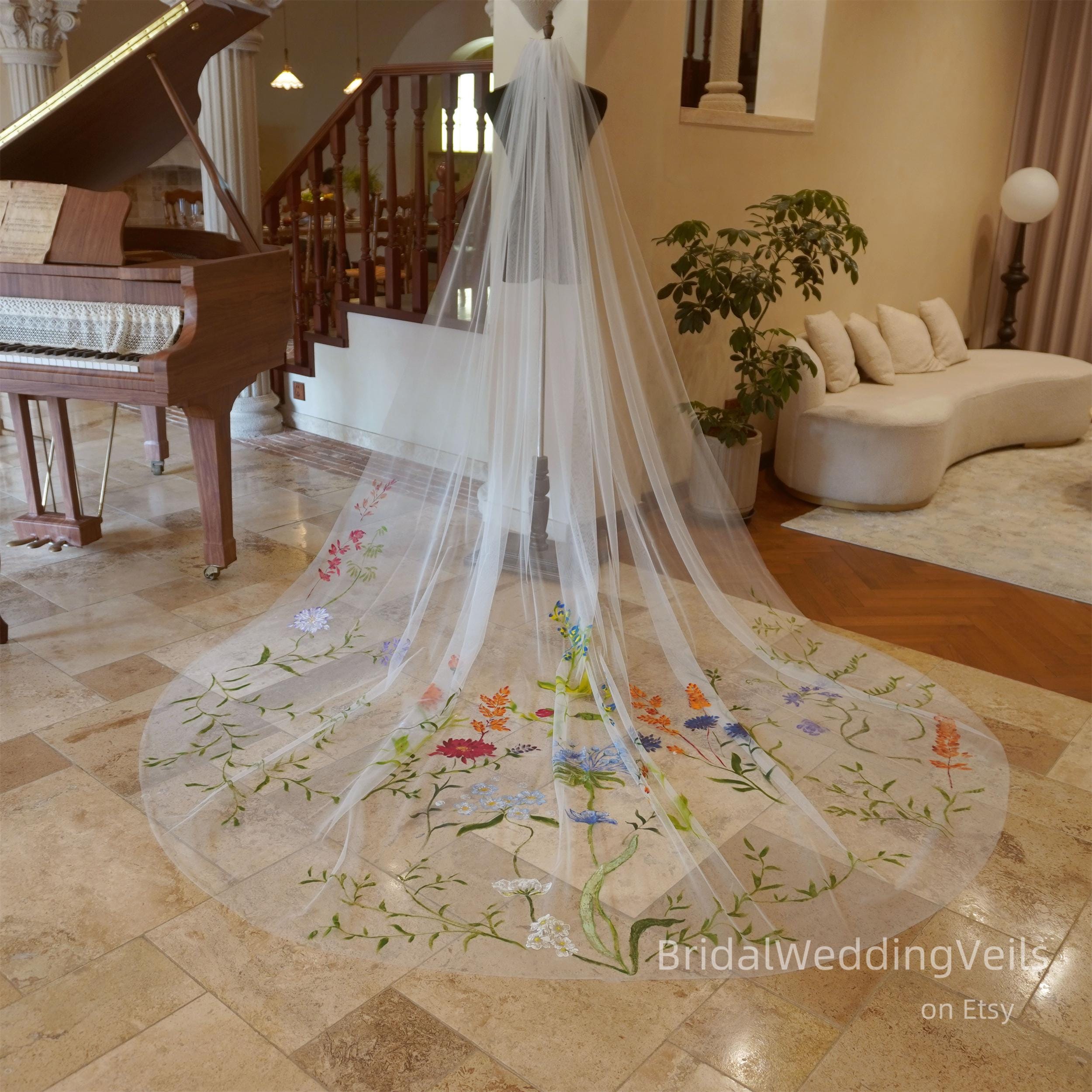 Hand-painted Wildflower Wedding Veil: Custom Cathedral 