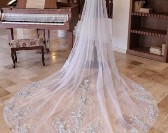 Green Lace Cathedral Wedding Veil: 3D Floral Light Ivory Tulle Veil,Fairy Bridal Veil,Customized Unique Veil,Whimsical Veils