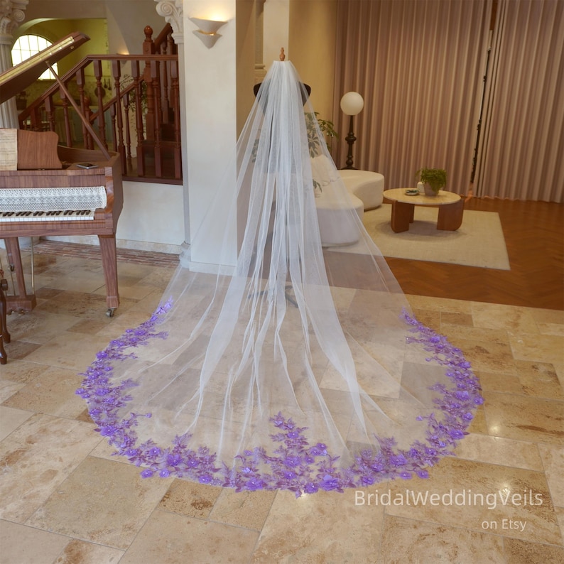 Purple bridal veils - Purple 3D Floral Lace Cathedral Wedding Veil: Beaded Tulle Bridal Veil