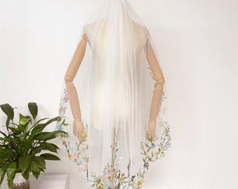 Colorful Embroidery Wildflowers Lace Wedding Veil Fingertips Length,Tulle Tulle Veil,Fairy Bridal Veil,Customized Unique Veil