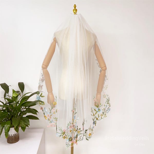 Bunte Stickerei Wildblumen Spitze Hochzeit Schleier Fingerspitzen Länge, Tüll Tüll Schleier, Fee Brautschleier, kundenspezifische einzigartige Schleier